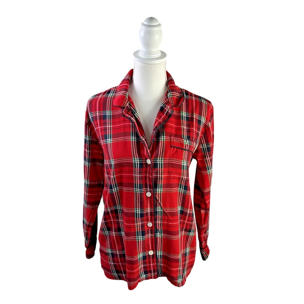 J. Crew Flannel Pajama Top Good Tidings Plaid Button Up Long Sleeve Size XS